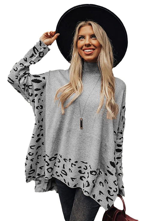 Leopard High Neck Side Slit Oversized Sweater